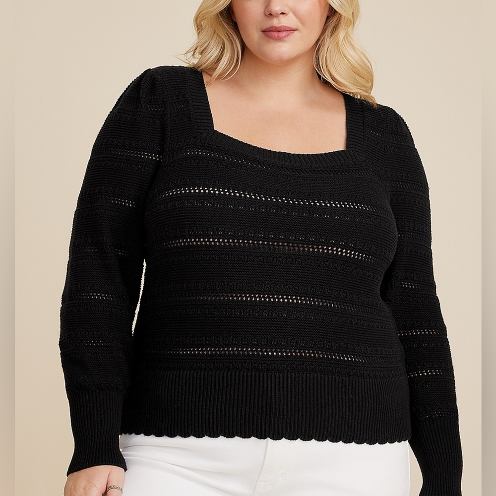 NEW Maurice’s Black Open Stitch Sweater Size 2X Square Neck Cotton Mesh Sleeve